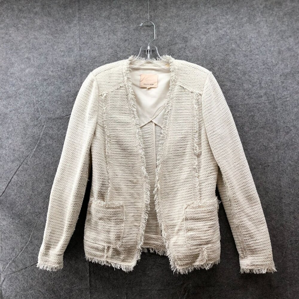 Rebecca Taylor Tweed Fringe Jacket Womens 10 Ivory Metallic Open Blazer